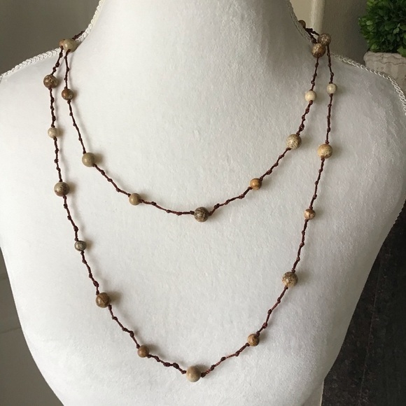 LAST 1! Crochet & Stone LONG Necklace BROWN Bead Strand Knot Boho Festival NEW - Picture 3 of 6